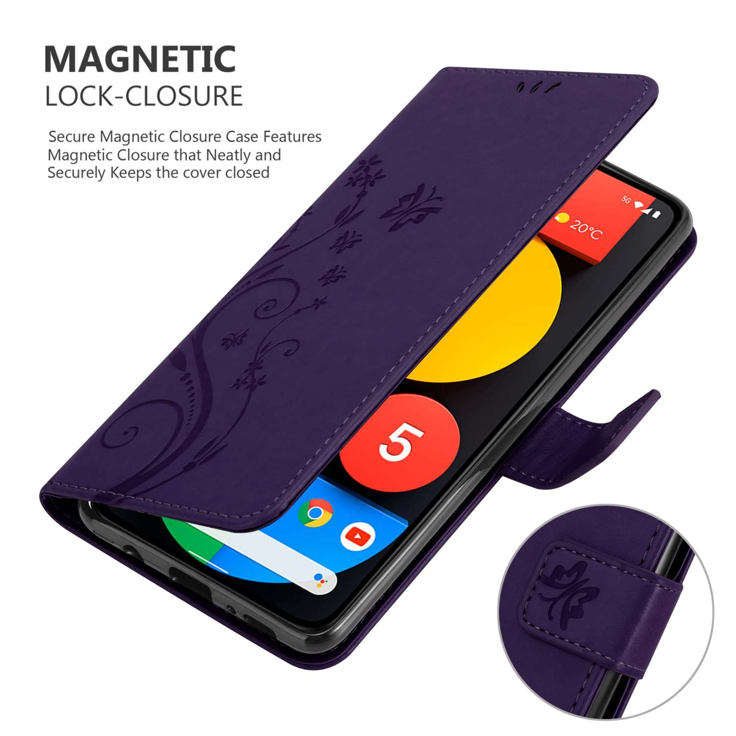 Custodia per telefono viola con design floreale, aperta per rivelare il telefono. Il telefono mostra un cerchio giallo e un 5.