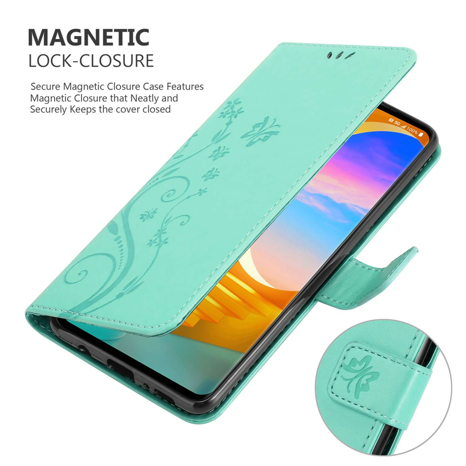 Un telefono in una custodia verde acqua con un design floreale, aperto che mostra lo schermo.