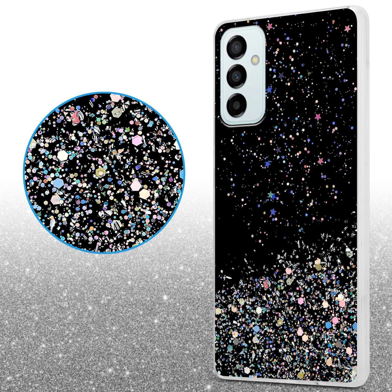 Custodia per telefono nera con glitter e un dettaglio glitter ingrandito in un cerchio.