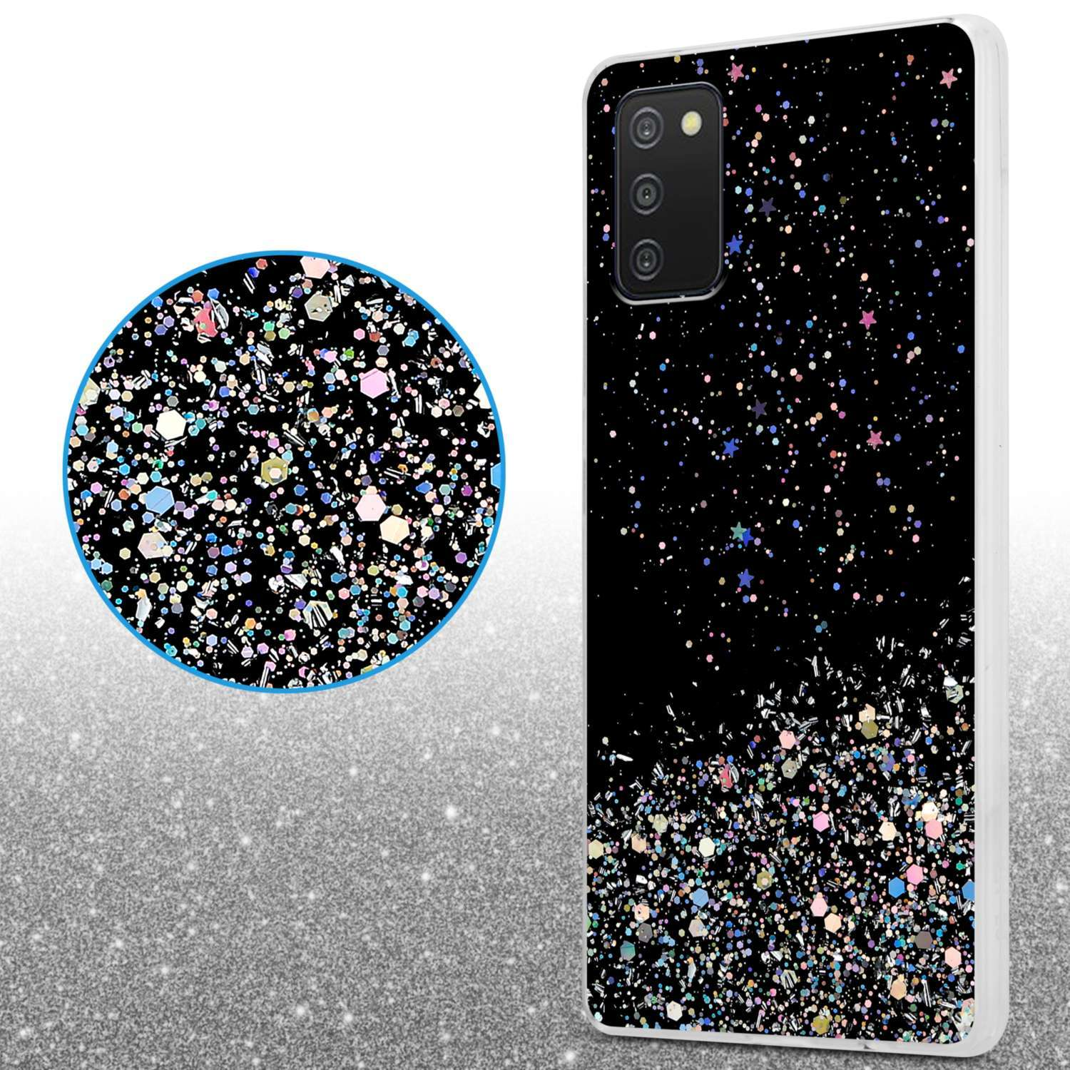Custodia nera per telefono con design glitterato, con primo piano del glitter.