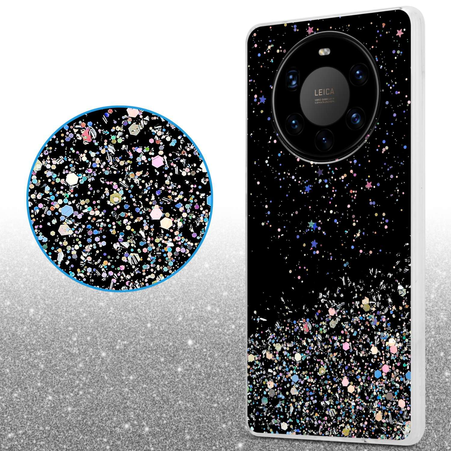 Handyhülle mit schwarzem Hintergrund, Glitzereffekt, Kamera. Nahaufnahme von Glitzer.
