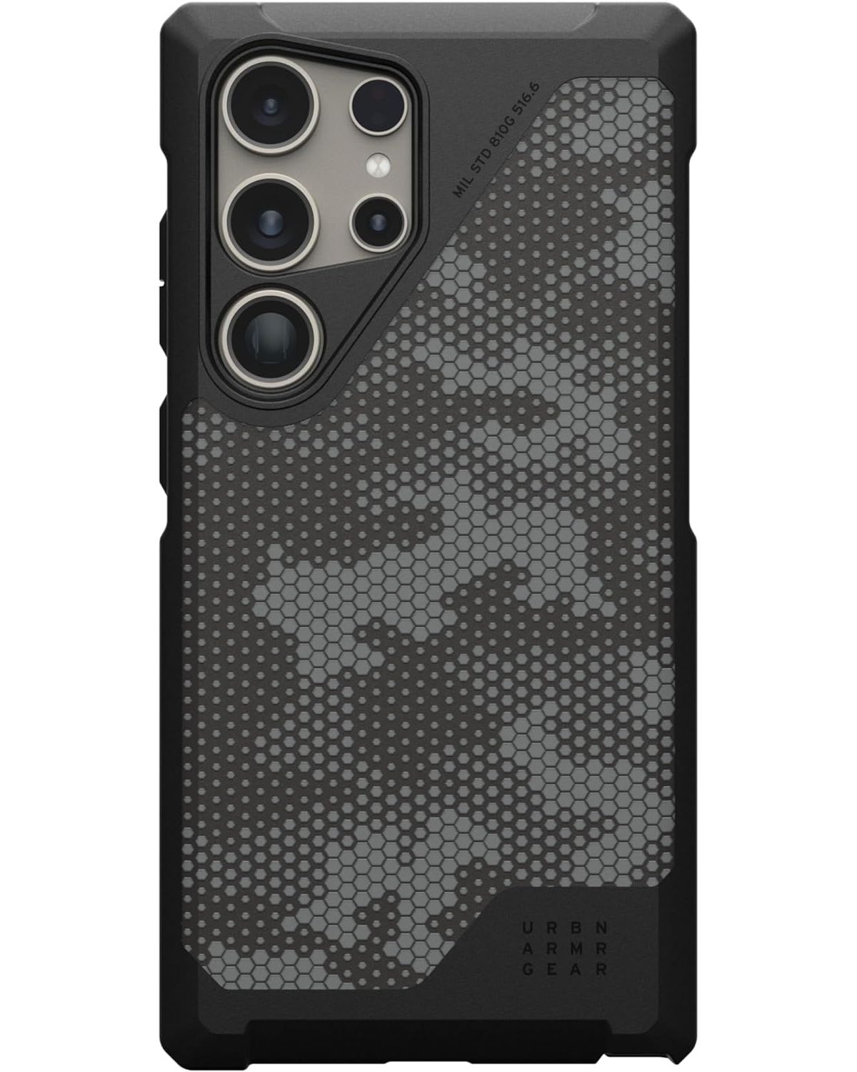 Zwarte en grijze telefoonhoes met een zeshoekig patroon. Het merk is Urban Armor Gear.