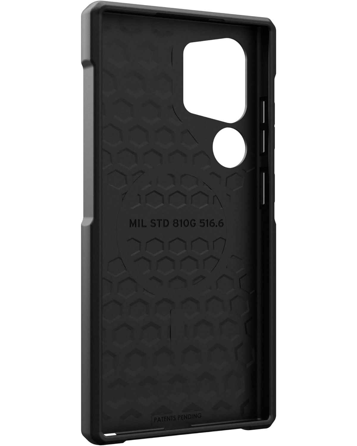 Zwart telefoonhoesje interieur met honingraatpatroon en tekst.