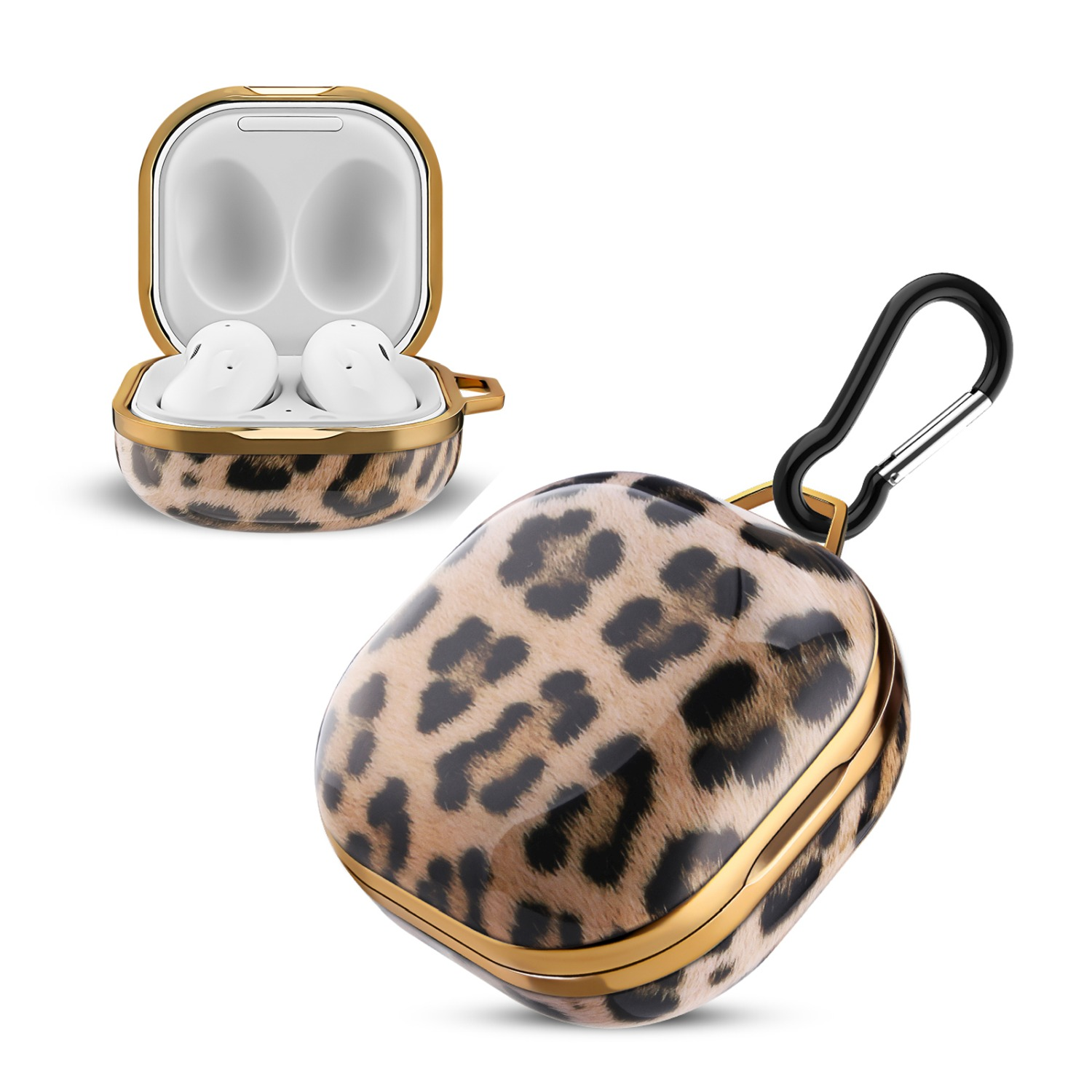 Ohrhörer-Etui mit Leopardenmuster und goldfarbenem Rand, mit Ohrhörern darin. Schwarzer Karabiner.