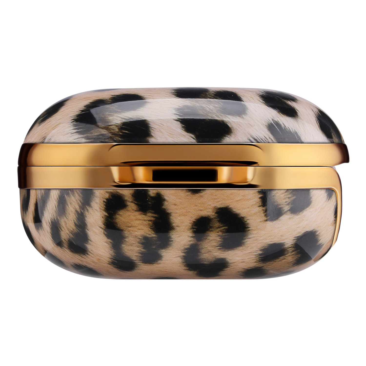 Ein ovales Etui mit Leopardenmuster und goldfarbenem Besatz.