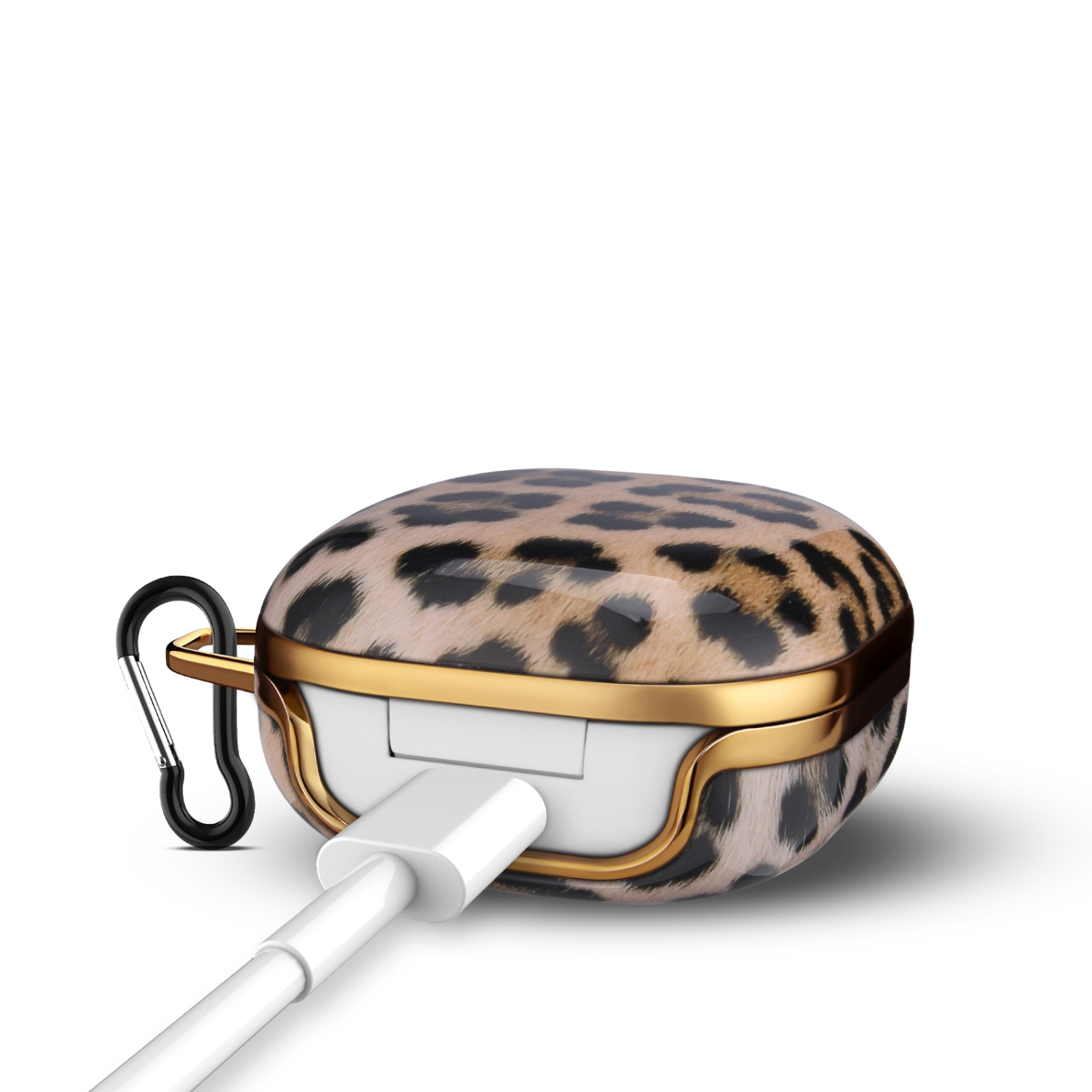 Ein Gehäuse mit Leopardenmuster und einem Ladeanschluss. Ein weißes Kabel ist an das Gerät angeschlossen.