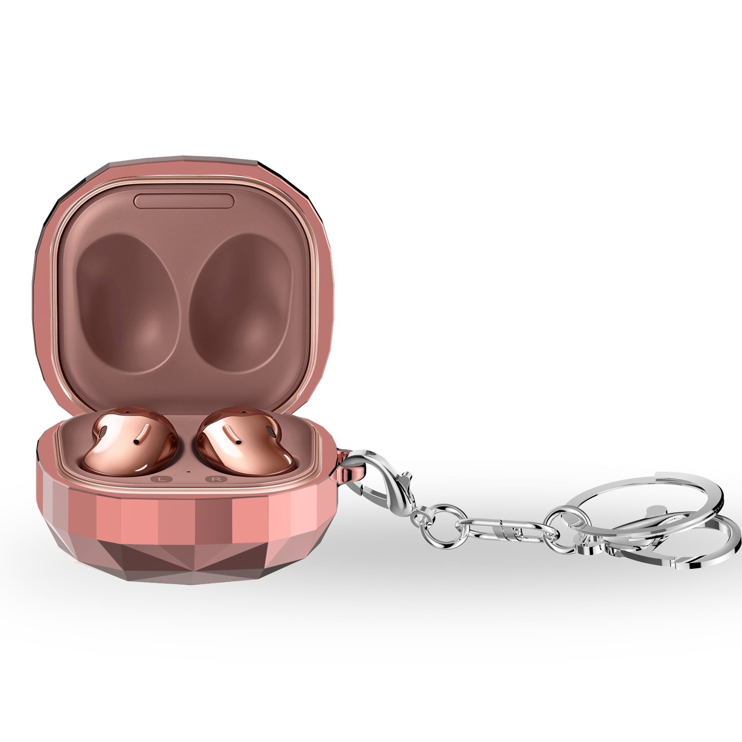 Roségoldenes Kopfhörer-Etui mit Schlüsselanhänger. Das Etui ist geöffnet und zeigt zwei Ohrhörer.