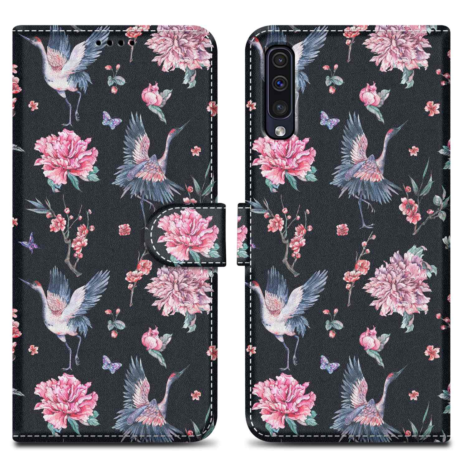 Custodia per telefono con un design floreale con gru, fiori e farfalle.