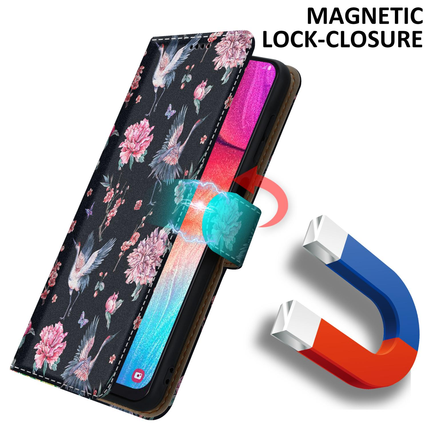 Custodia per telefono con design floreale e uccelli con chiusura magnetica. C'è un magnete.
