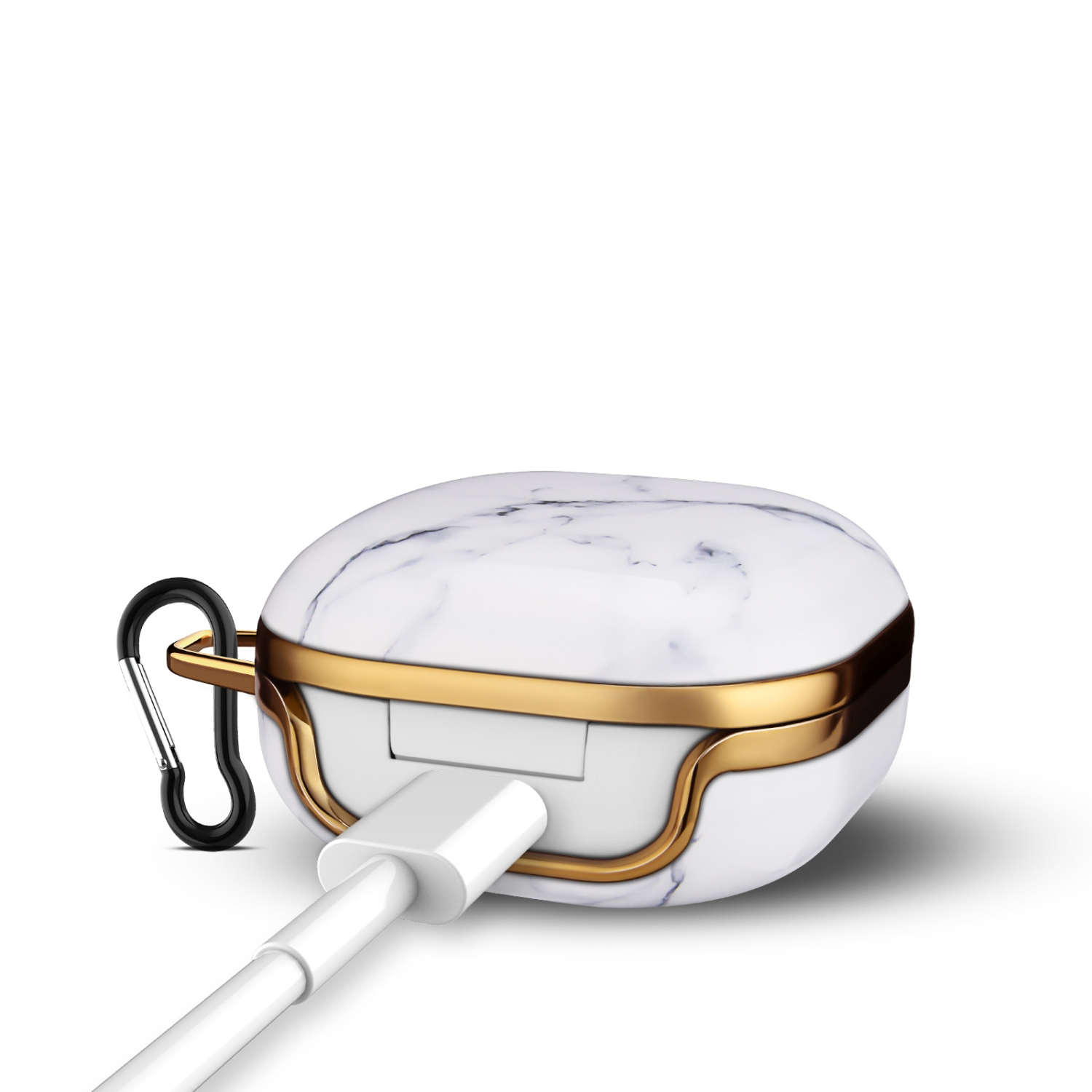 Weiß-goldenes Marmorgehäuse mit angebrachtem schwarzem Karabiner. Ein weißes Ladekabel ist eingesteckt.
