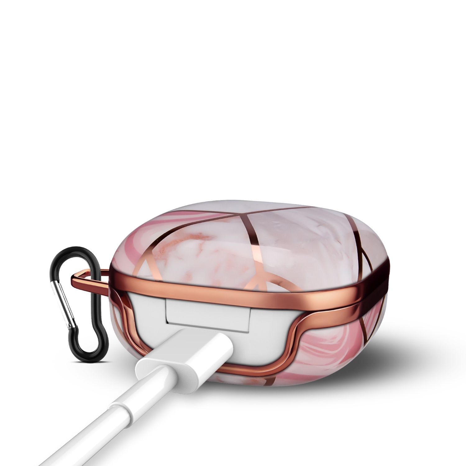 Rosa marmorierte Ohrhörerhülle mit goldfarbenem Besatz, weißem Kabel und schwarzem Karabiner.