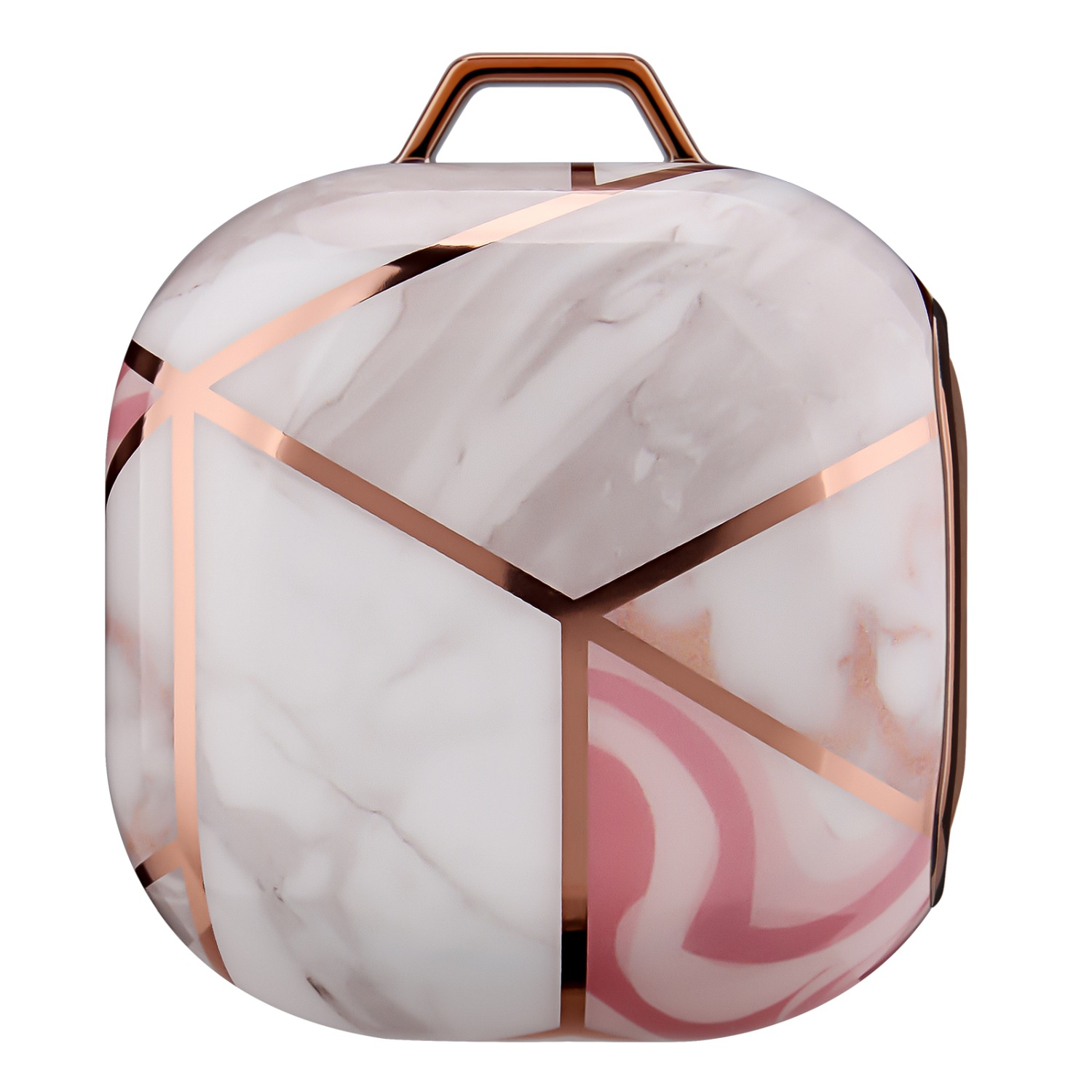 Ein Lautsprecher mit Marmormuster, kupferfarbenem geometrischen Design und Griff.