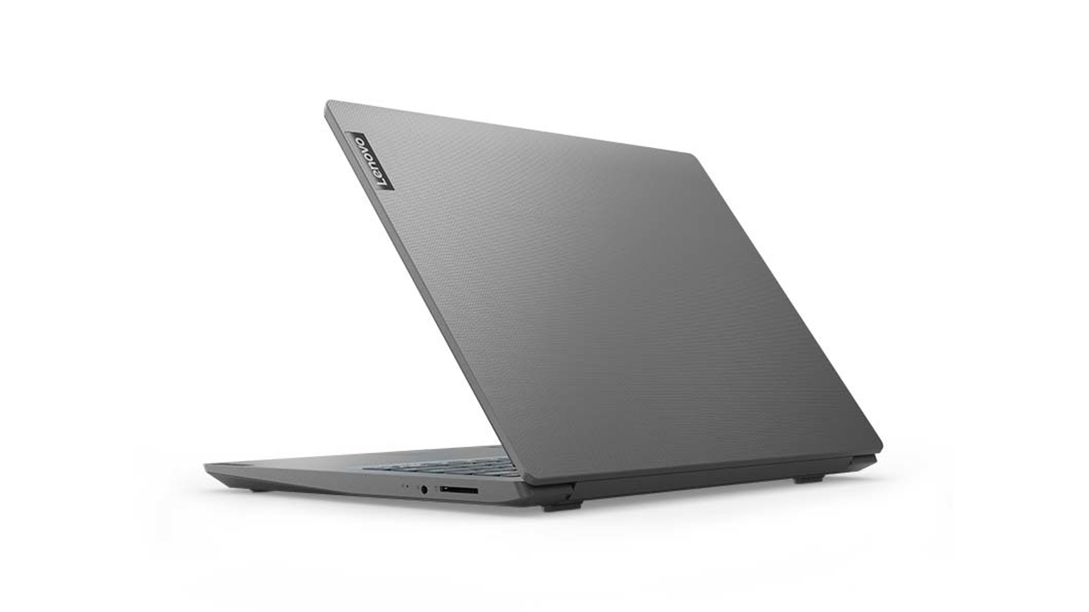 Laptop Lenovo, grigio, aperto che mostra la tastiera. Il retro è visibile. Sfondo bianco.