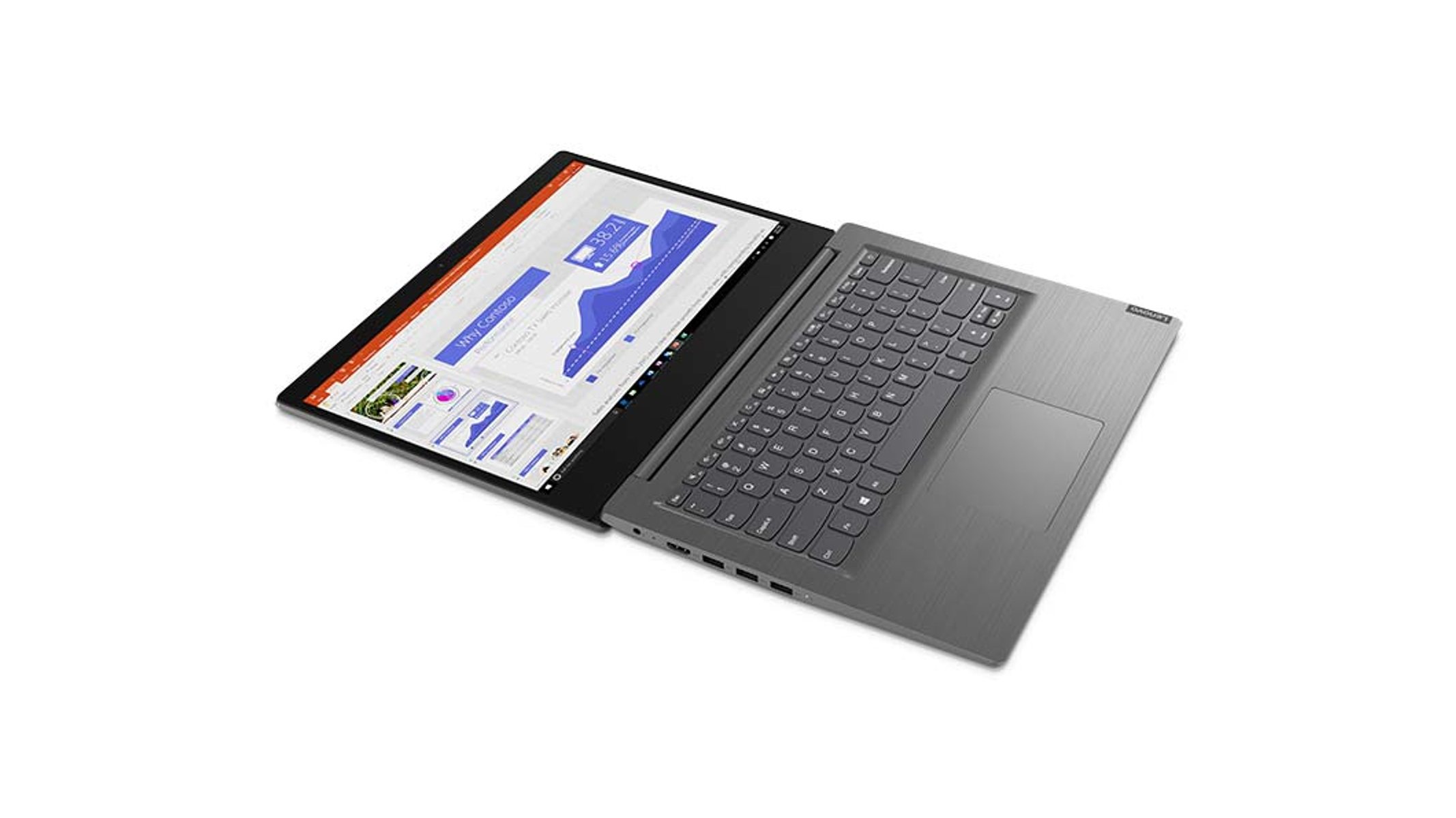 Un laptop grigio aperto, che mostra una presentazione sullo schermo sinistro e una tastiera a destra.
