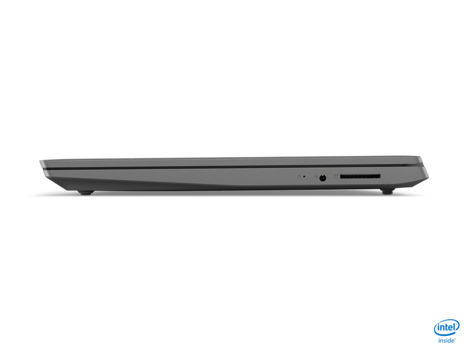 Una vista laterale di un laptop grigio scuro mostra le porte. Ha un adesivo Intel.
