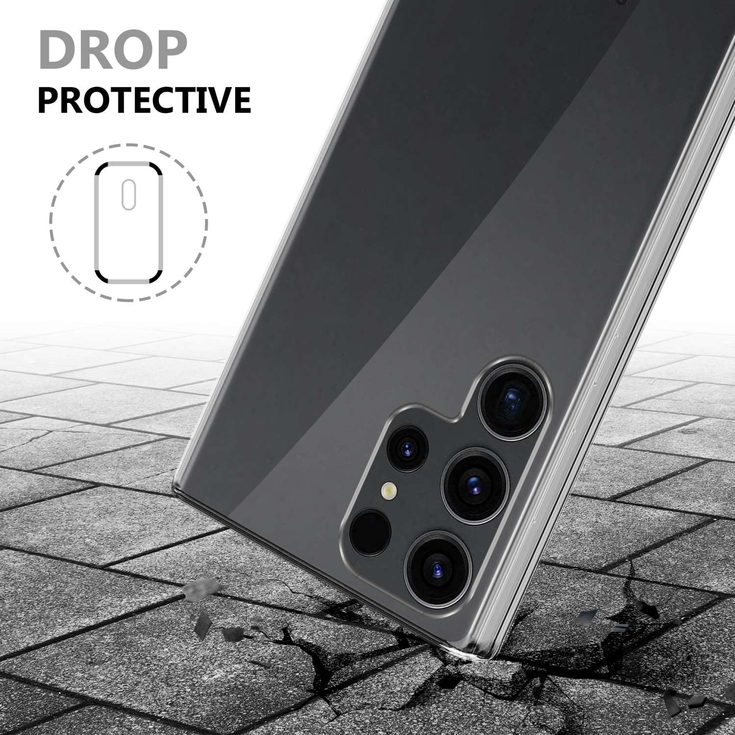 Telefono con vetro protettivo. Il telefono è angolato, con terreno incrinato. Testo: Drop Protective.