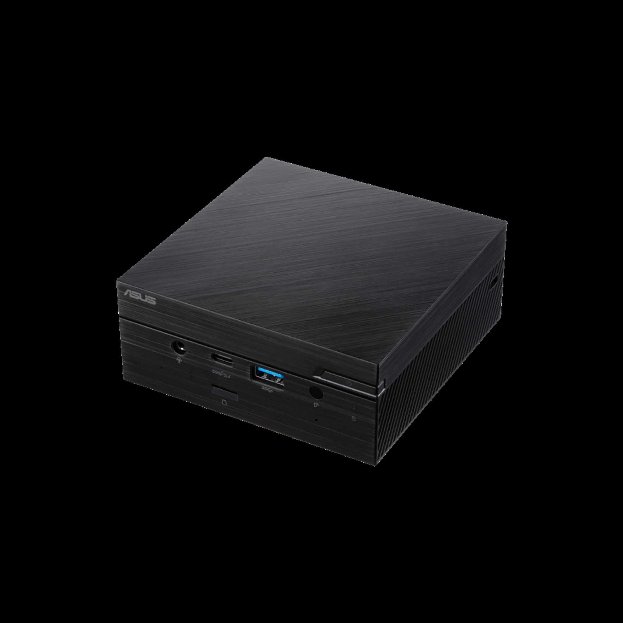 Un mini PC ASUS negro sobre un fondo negro, vista en ángulo. Tiene puertos en la parte delantera.