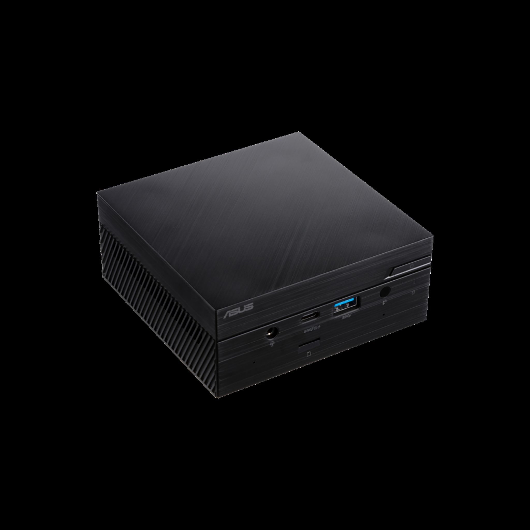 Una computadora negra se encuentra sobre una superficie negra. Tiene un frente con puertos y un puerto USB.