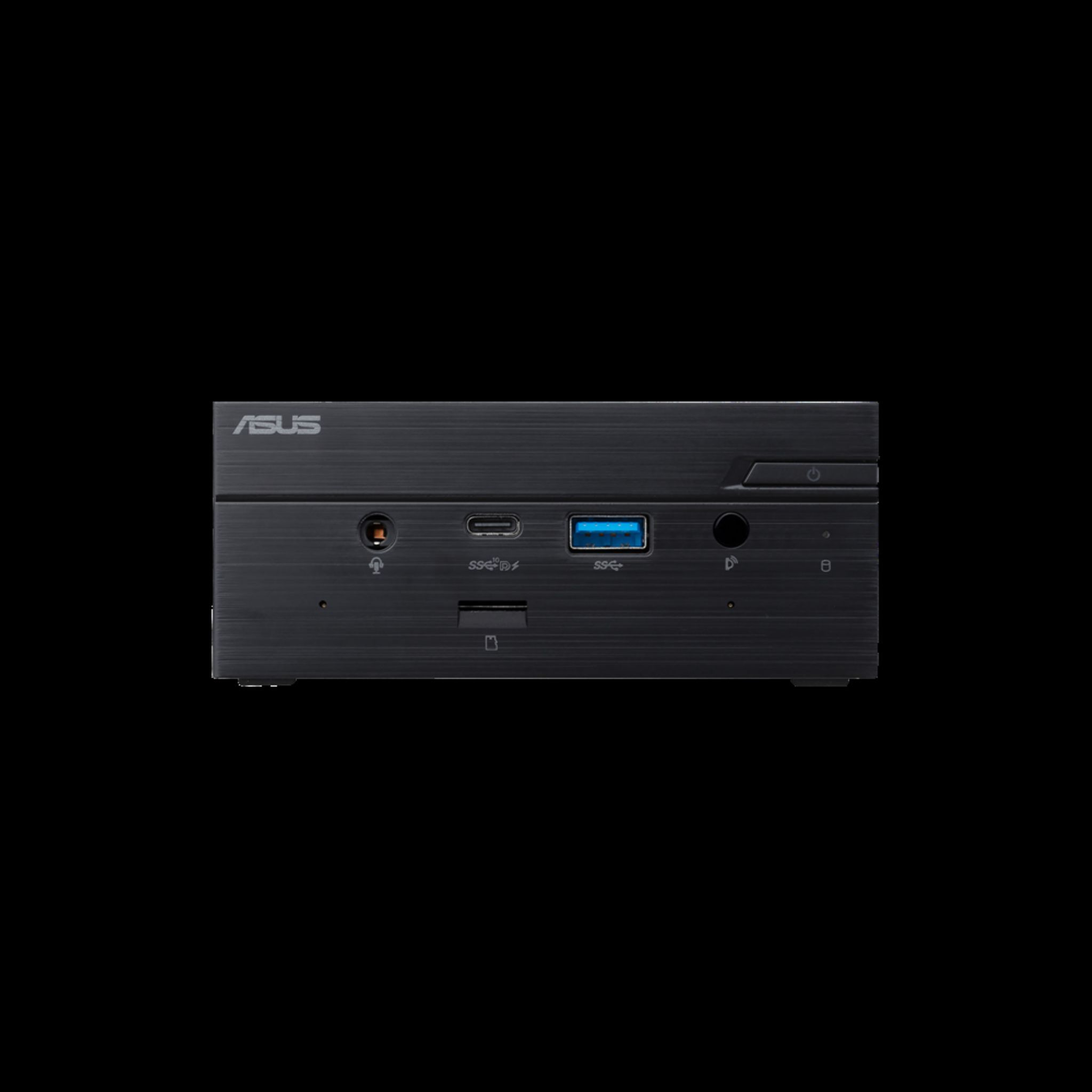 Mini PC negro con varios puertos en la parte frontal. El logotipo de ASUS es visible.