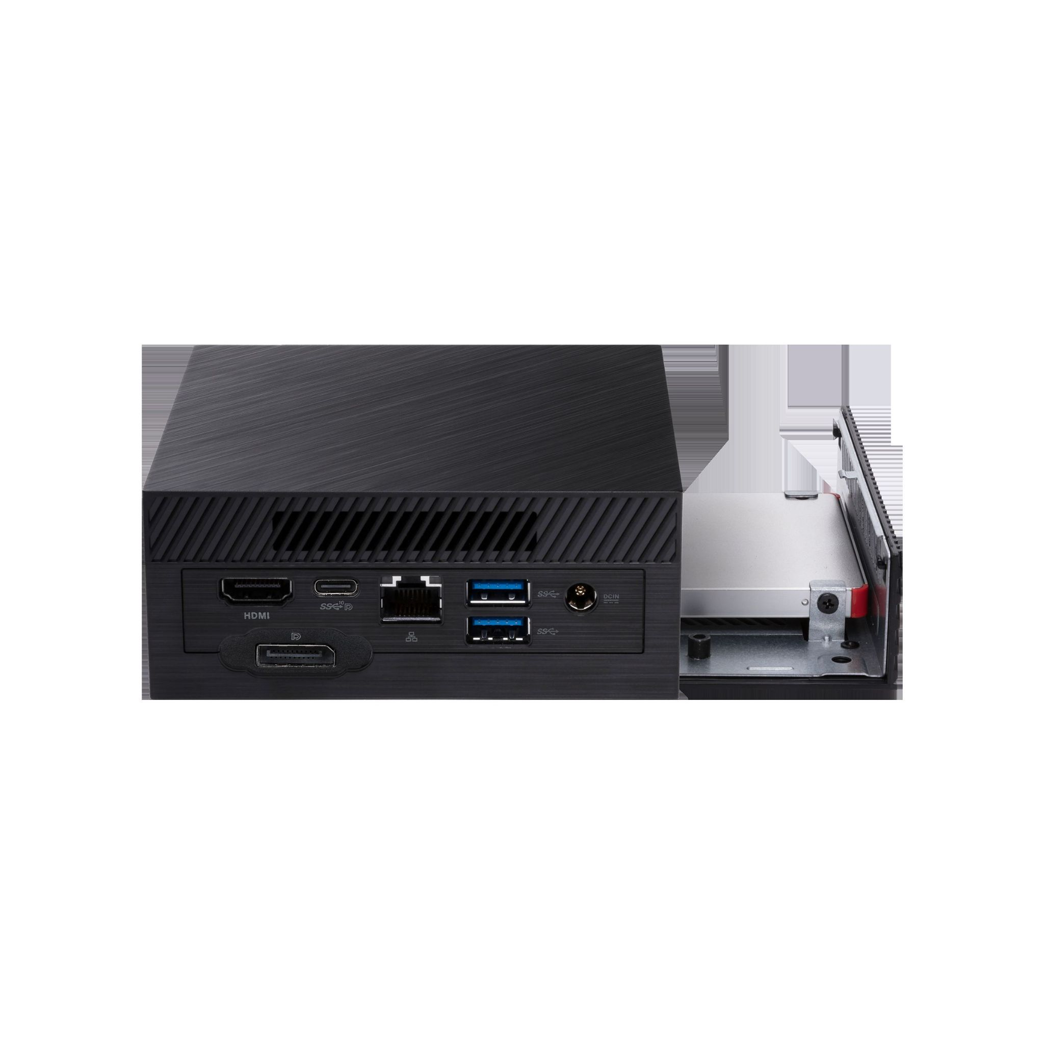 Una caja de computadora negra con puertos visibles, incluyendo HDMI, USB y un puerto Ethernet.