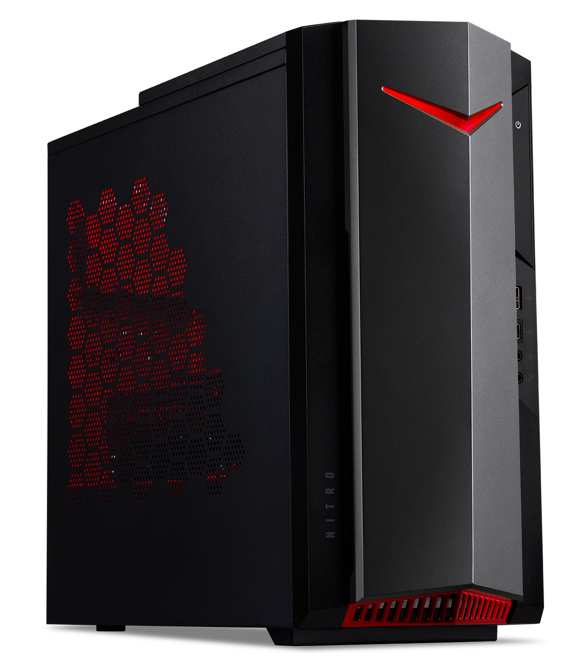 Torre de ordenador negra con detalles rojos y la palabra NITRO en el lateral.