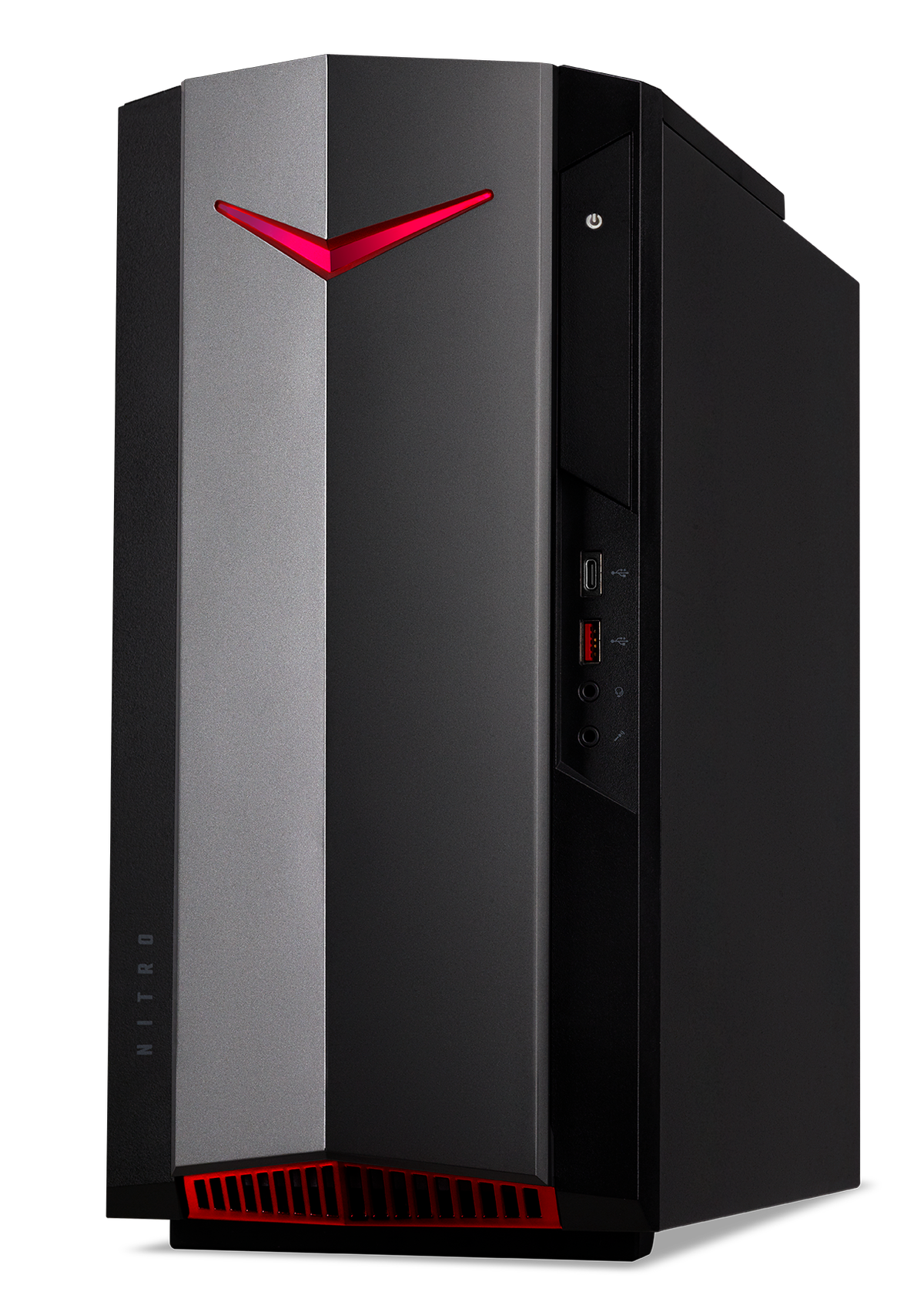 PC gaming negro y gris con detalles rojos. Se ve el logo Nitro.