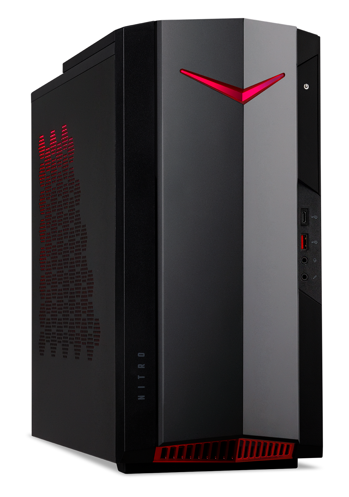 Una torre de computadora negra con detalles rojos. El frente tiene un logotipo NITRO y un diseño iluminado en rojo.