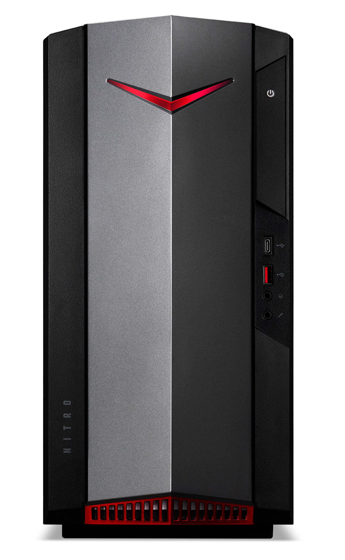 Una torre de computadora, negra y plateada con detalles en rojo.