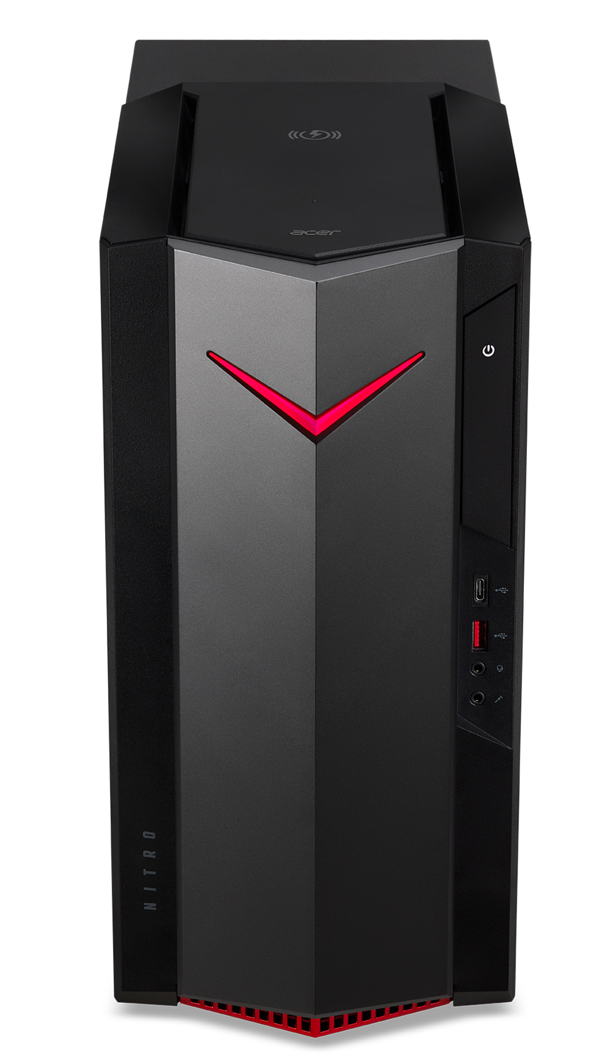 Torre de computadora de escritorio negra y roja con un diseño rojo brillante en la parte frontal.