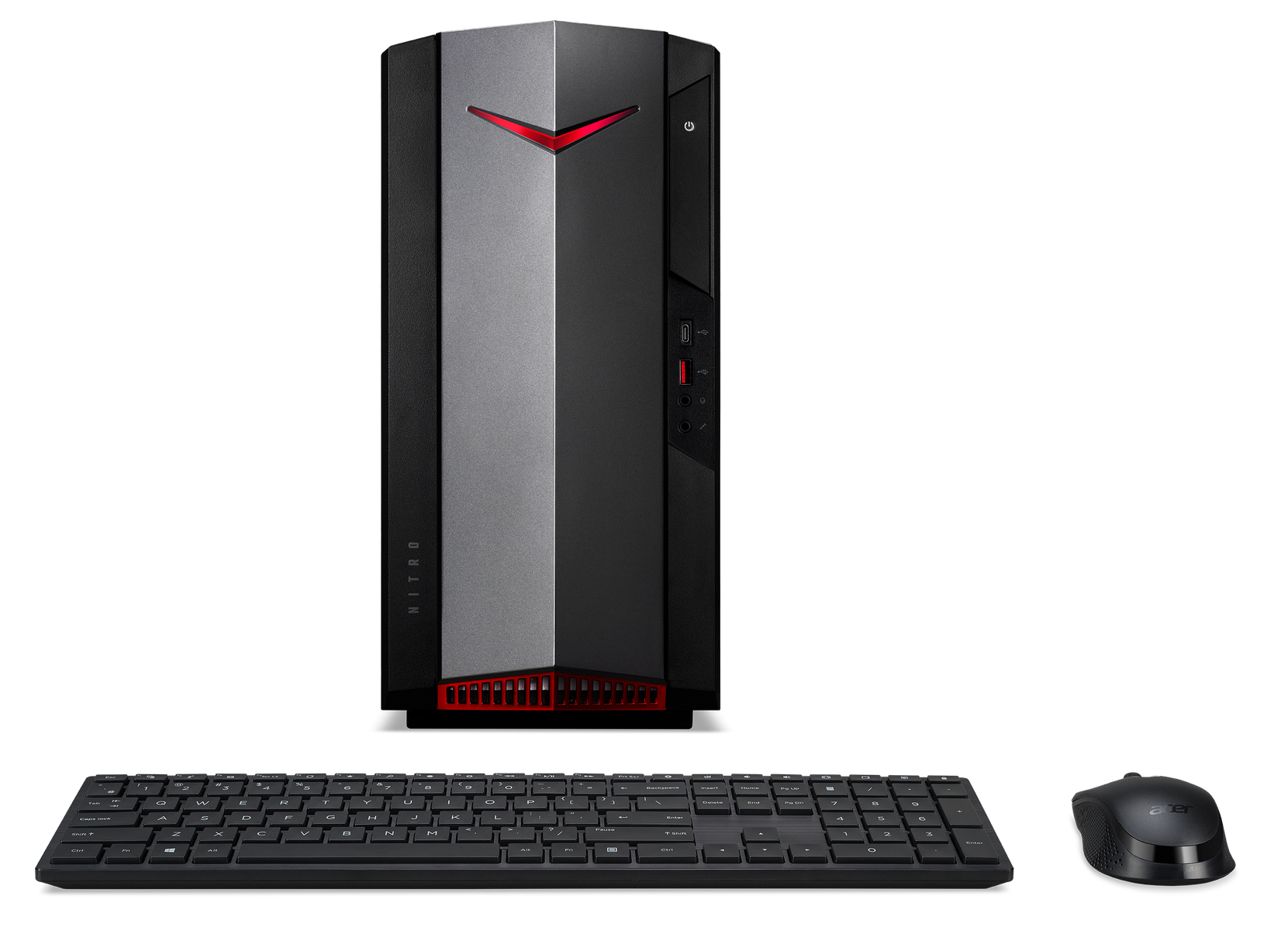 PC gaming Acer Nitro negro con detalles rojos, teclado y ratón sobre fondo negro.