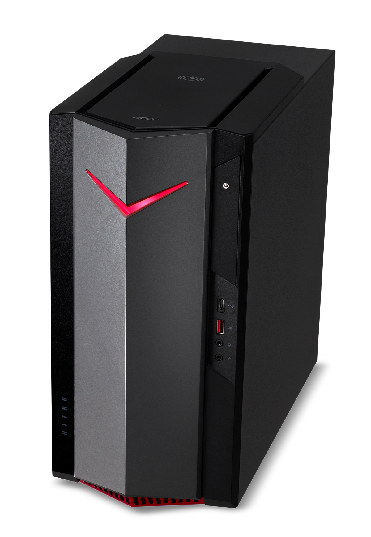 PC gaming Acer Nitro negro y gris. Detalles rojos. Diseño angulado con componentes internos visibles.