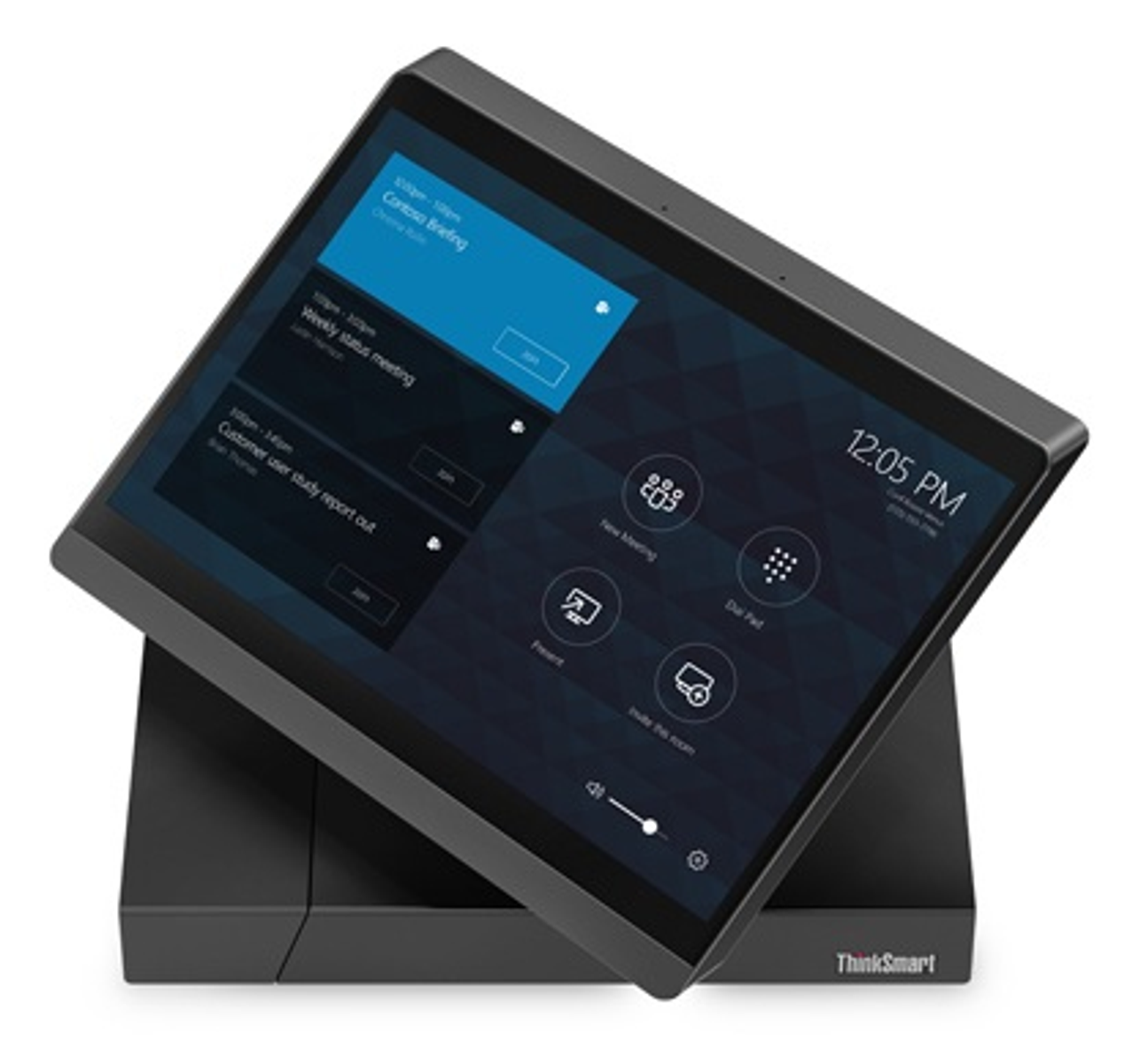 Dispositivo ThinkSmart negro sobre un soporte. La pantalla muestra una interfaz de reunión con varias opciones.