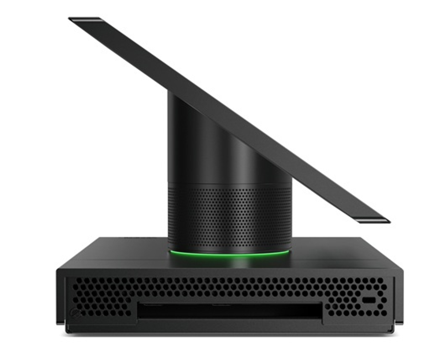 Dispositivo negro con pantalla y soporte. La pantalla está inclinada hacia arriba. Una luz verde es visible en la base.