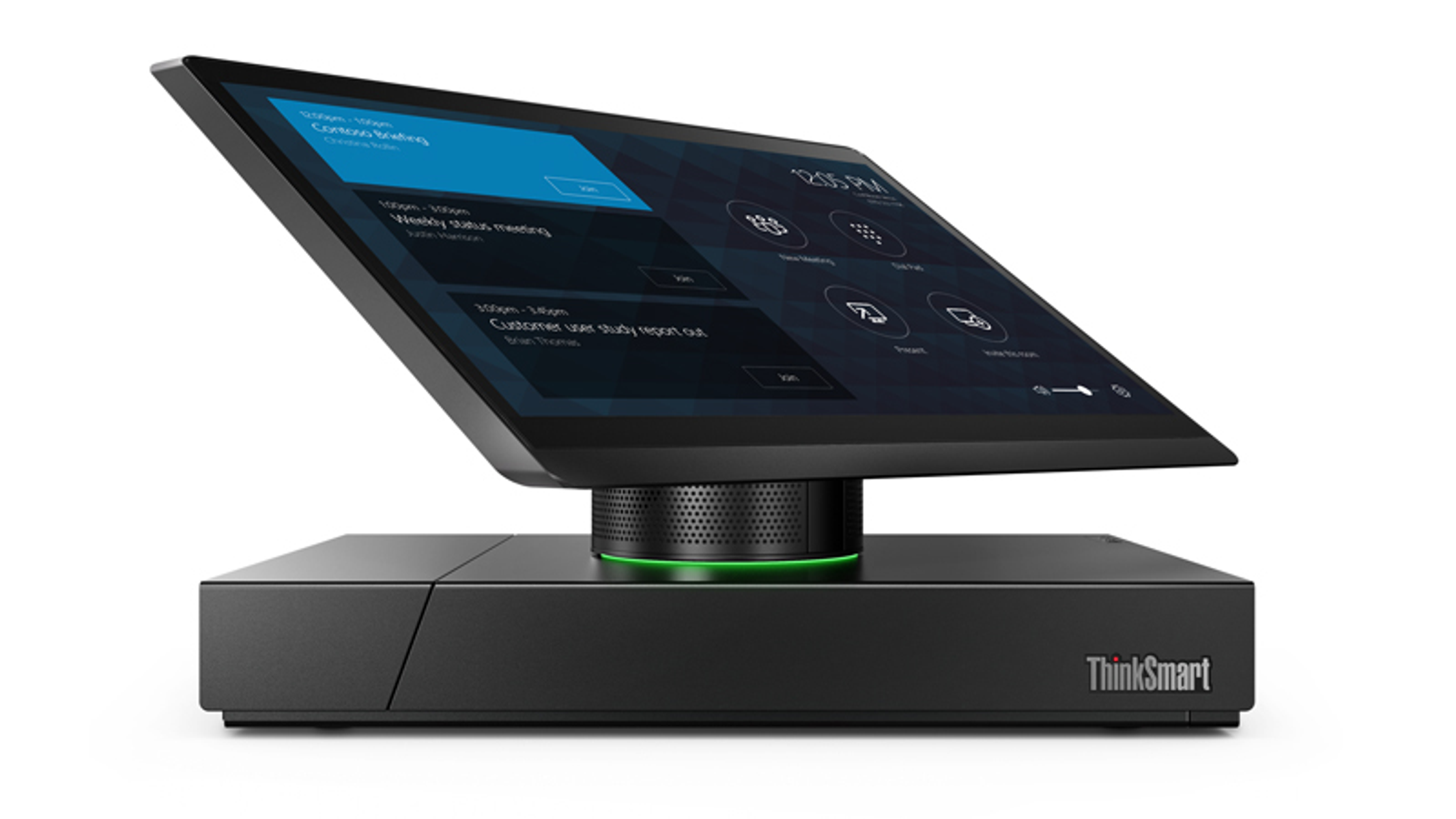 Un dispositivo ThinkSmart con una pantalla inclinada muestra una agenda de reuniones. La base es negra.