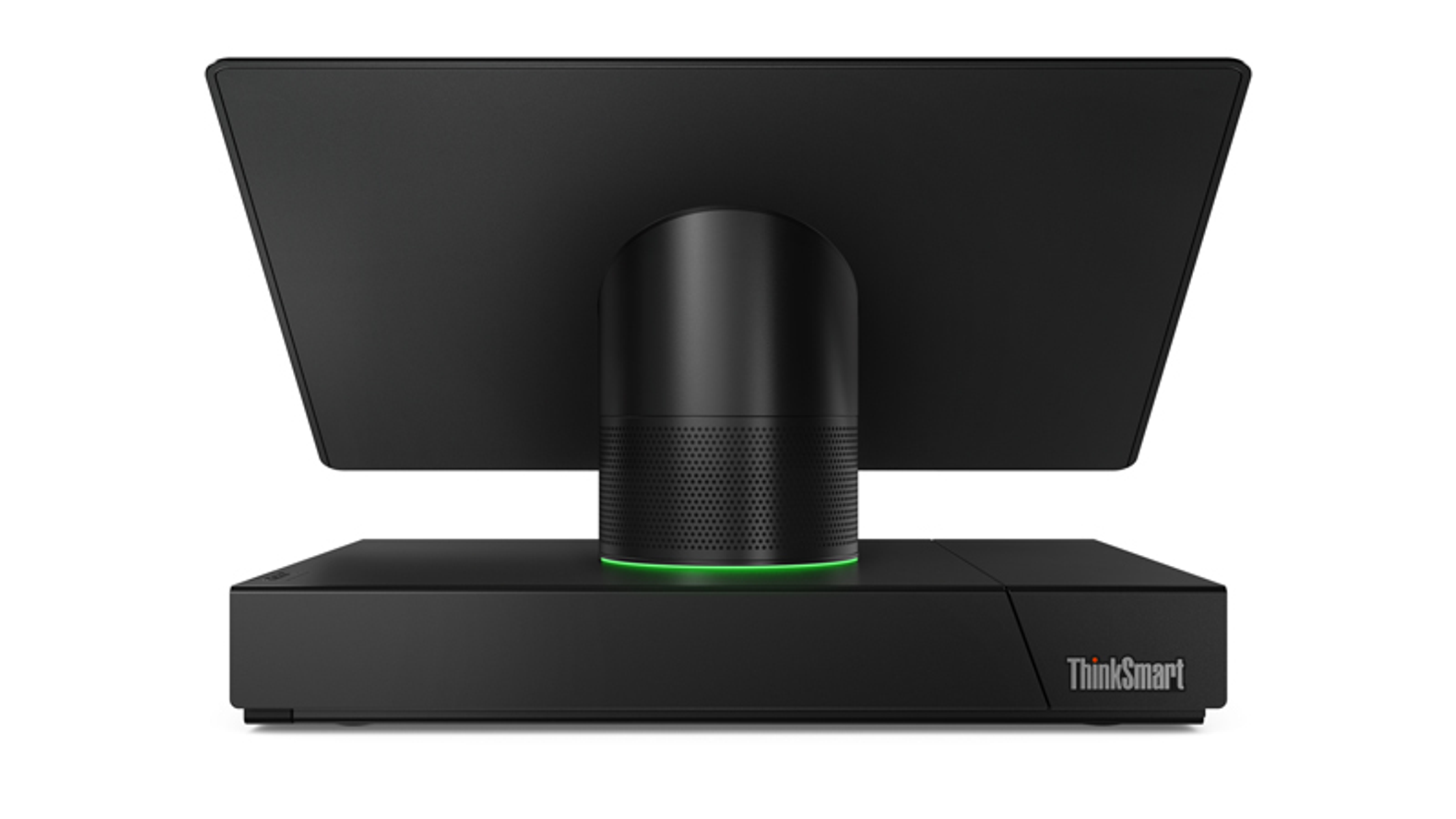 Dispositivo ThinkSmart negro con pantalla. Tiene una base y un soporte.