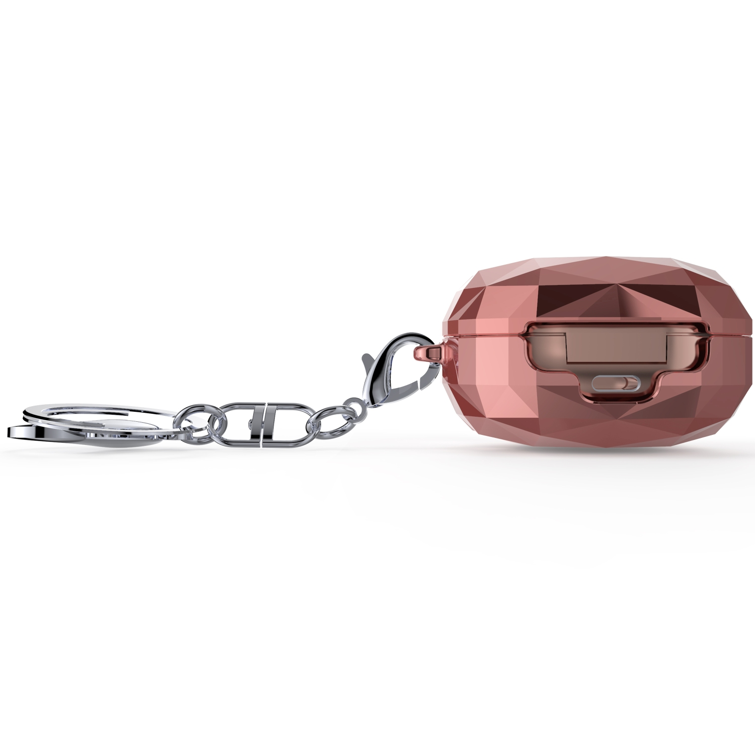 Eine roségoldfarbene, geometrisch geformte Hülle für kabellose Ohrhörer, befestigt an einer Kette und einem Verschluss.
