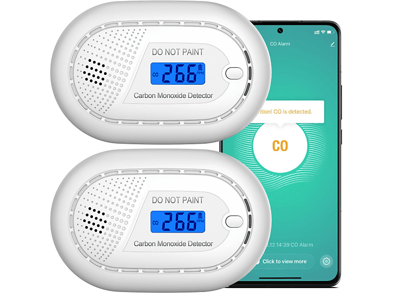 AROHA Smart Connect - 10 Jahres Batterie - 2 Set CO melder - Kohlenmonoxidmelder, WLAN, weiß