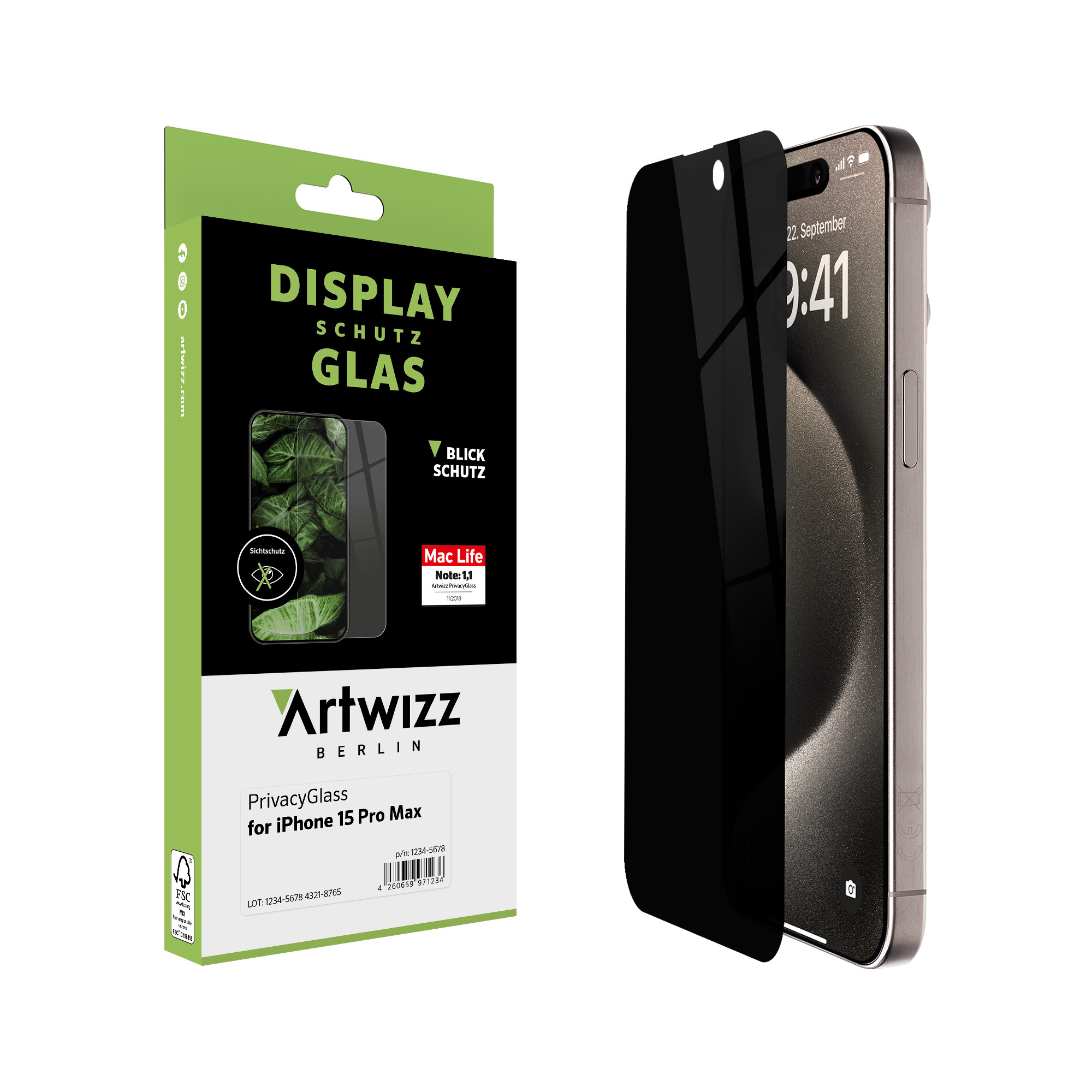 ARTWIZZ PrivacyGlass Max) 15 Displayschutz(für Apple Pro iPhone