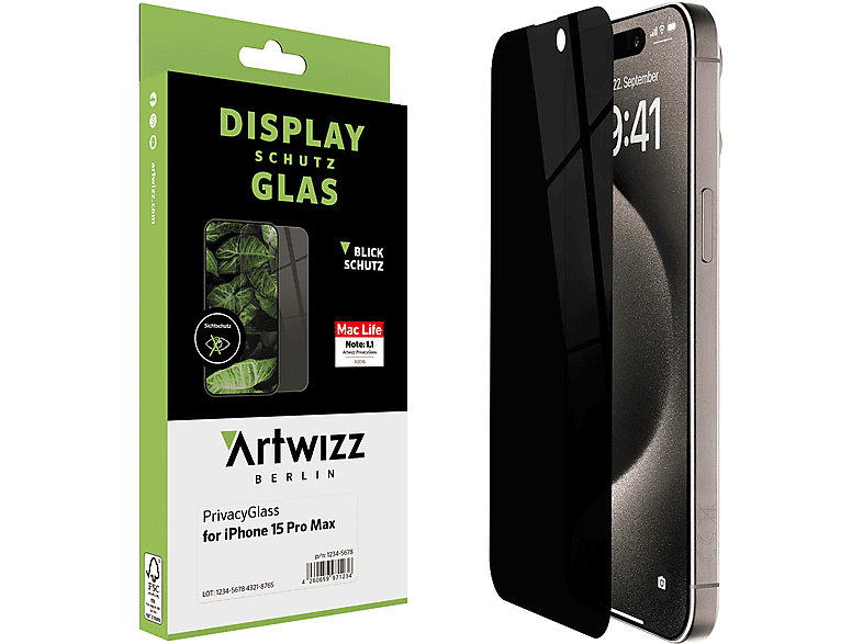 ARTWIZZ PrivacyGlass Displayschutz(für Apple iPhone 15 Pro Max)