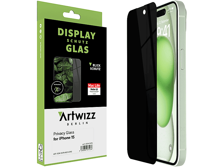 ARTWIZZ PrivacyGlass Displayschutz(für Apple iPhone 15)
