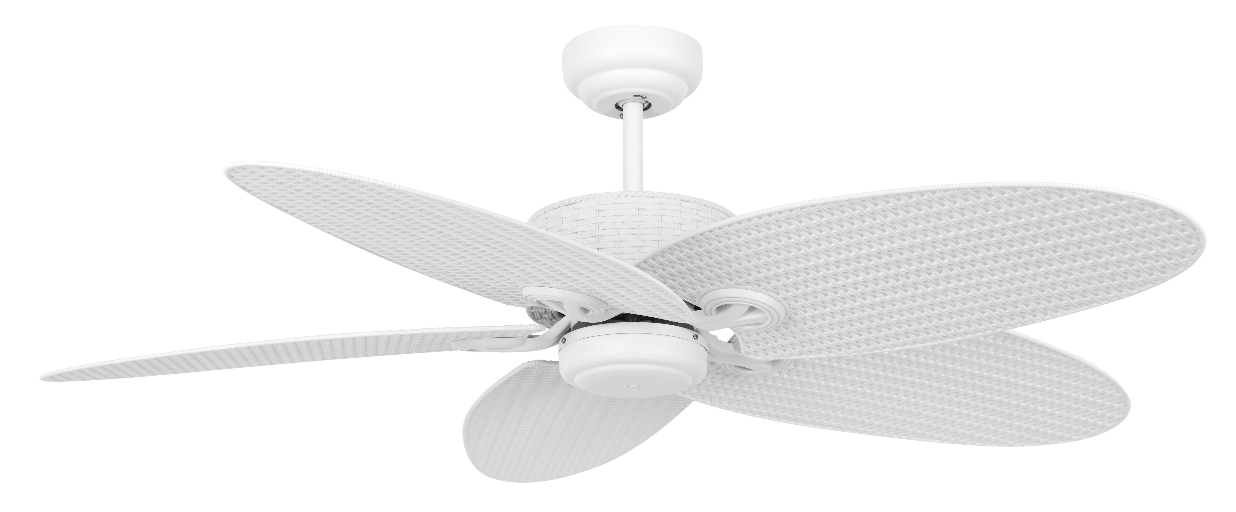 Weißer Deckenventilator mit fünf strukturierten Blättern, an weißer Decke montiert.