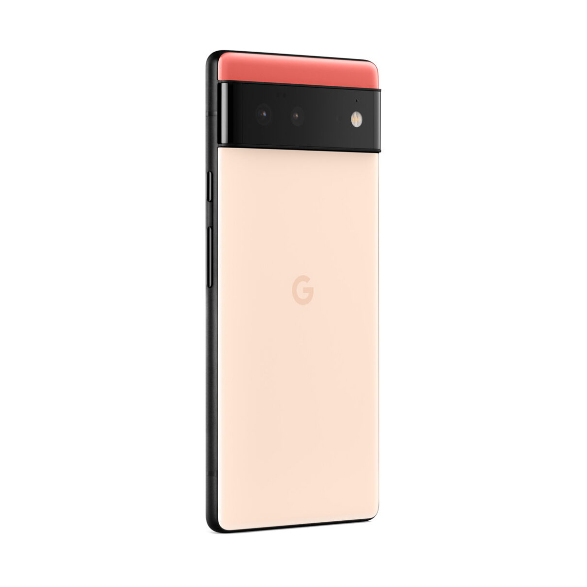 Tył telefonu, brzoskwiniowy kolor, czarny pasek aparatu i logo Google. Widoczne są trzy tylne kamery.