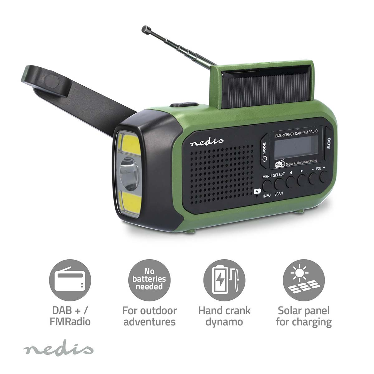 A green emergency radio with a flashlight, solar panel and hand crank. It has a digital display.
