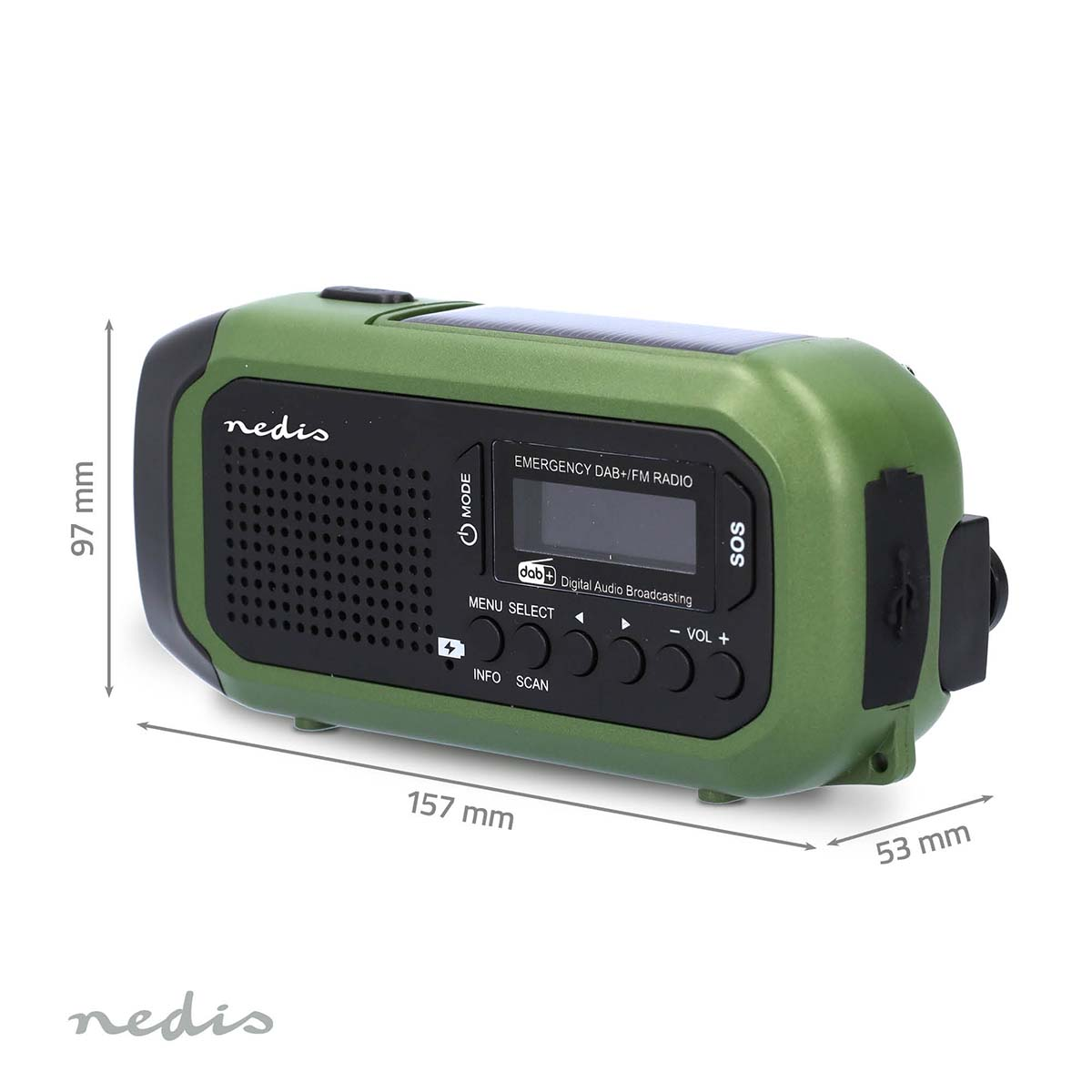 Green emergency radio with dimensions. Black and green colors.
