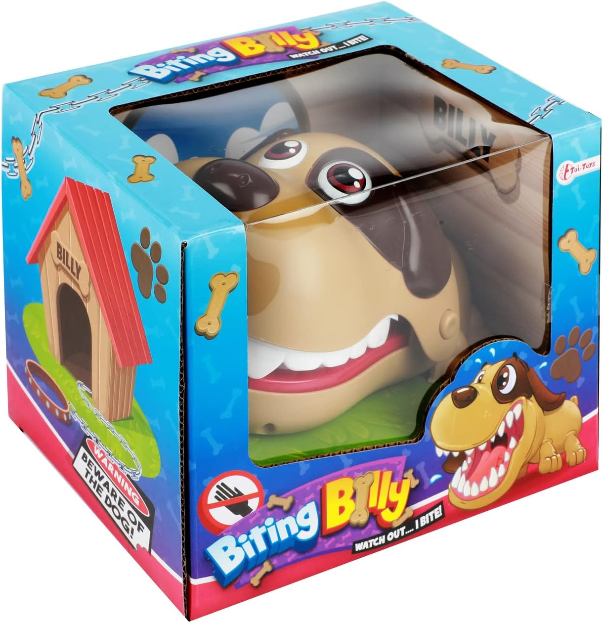 Hundespielzeug in einer Box mit einem Hundekopf, der herausragt, mit dem Wort 'Biting Billy'.