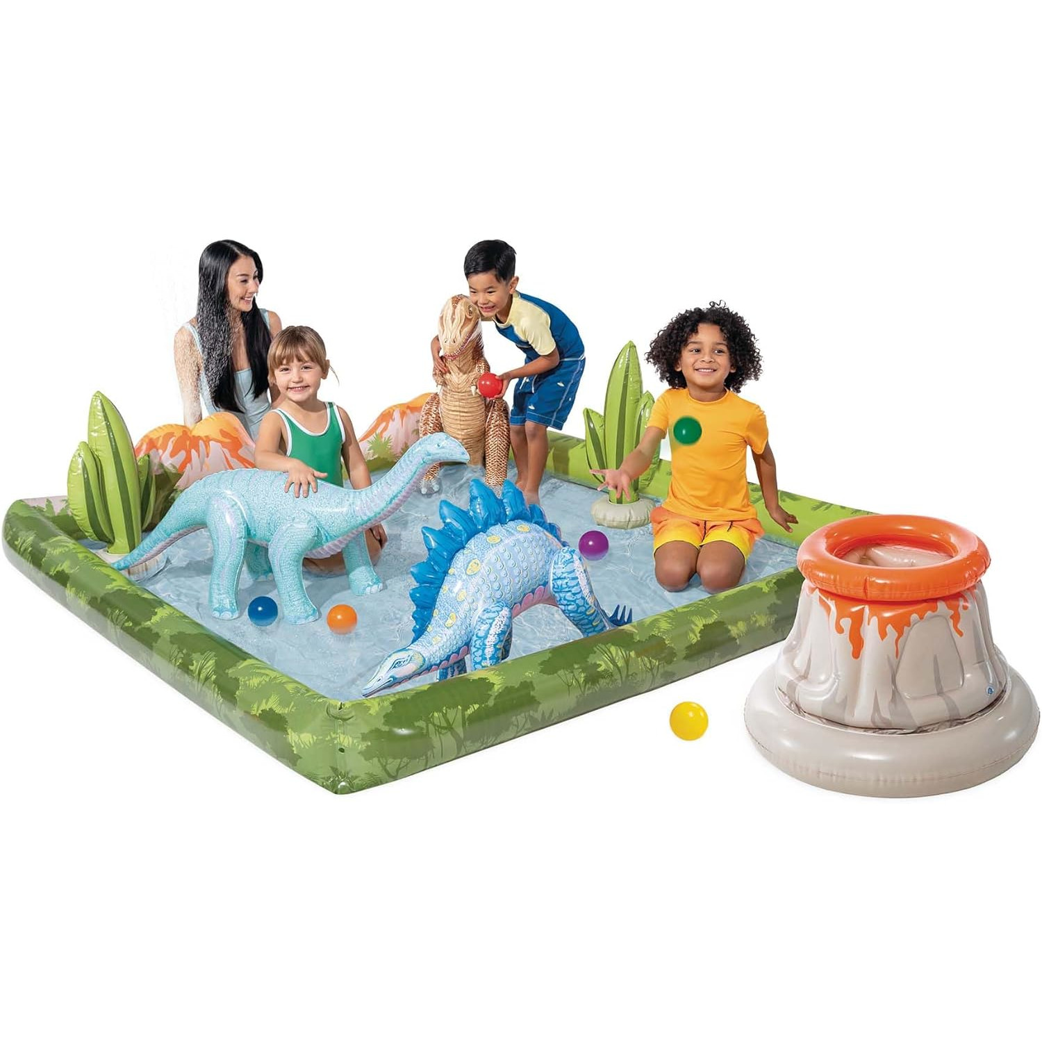 Bambini che giocano in una piscina gonfiabile a tema dinosauro. Sono presenti dinosauri, un vulcano e persone.