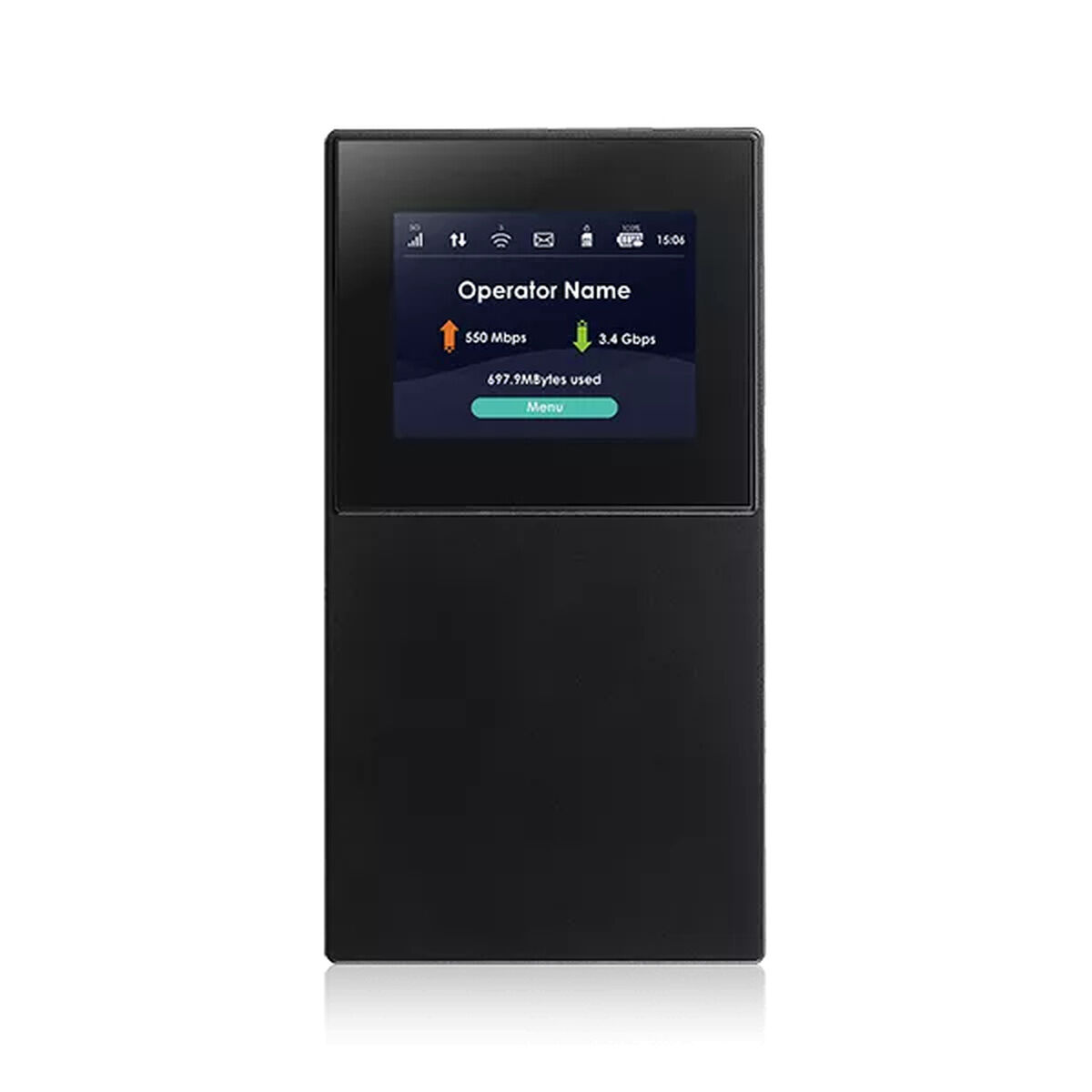 Ein schwarzer mobiler Router mit einem LCD-Bildschirm mit Daten.