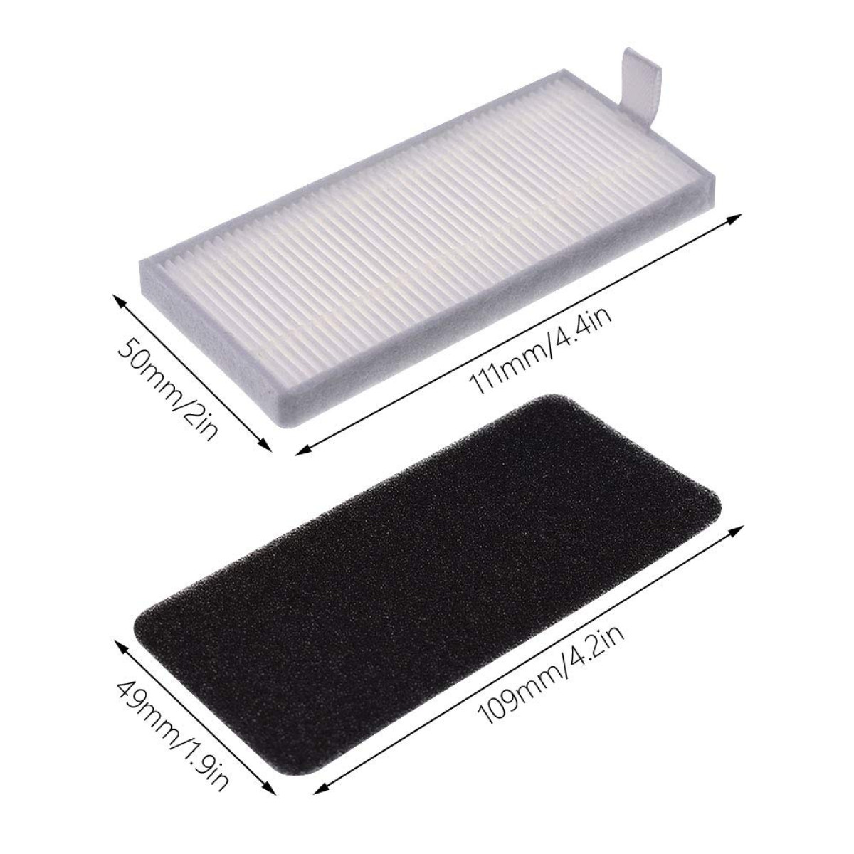 Prostokątny filtr powietrza i czarny filtr piankowy z wymiarami, białe tło.