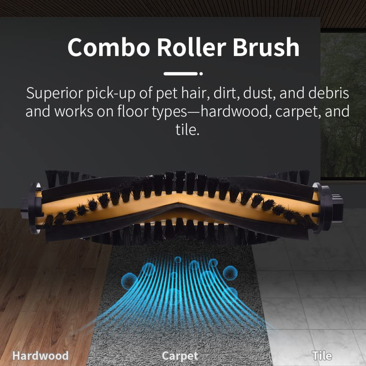 Szczotka rolkowa Combo, pokazująca drewno twarde, dywan i płytki z tekstem i niebieskimi wirami.