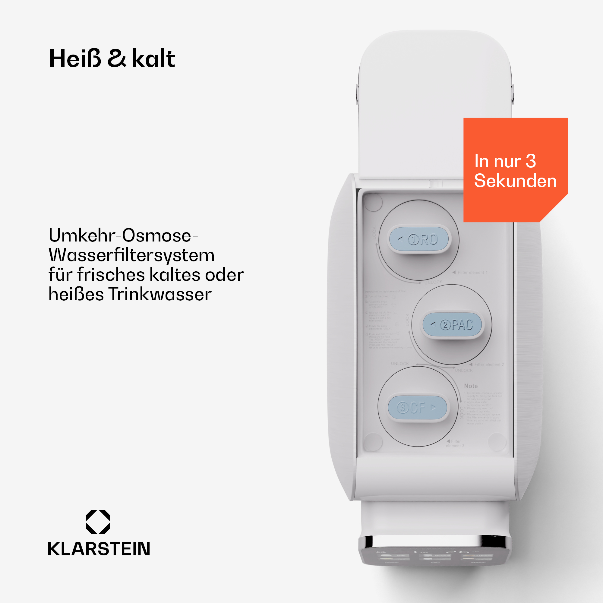 Ein weißes Wasserfiltersystem mit Knöpfen und Text. Es verspricht heißes und kaltes Wasser.
